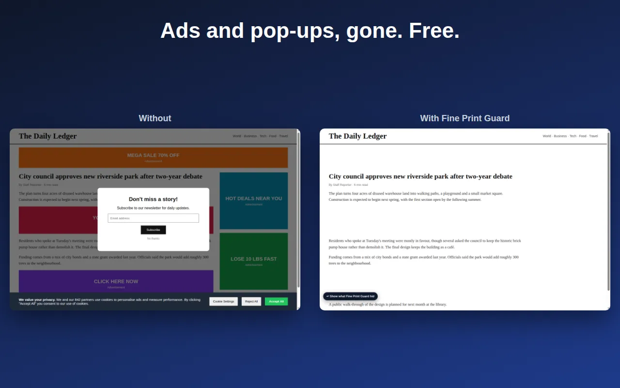 A news site covered in ads, a newsletter pop-up and a cookie banner, next to the same page clean with Fine Print Guard