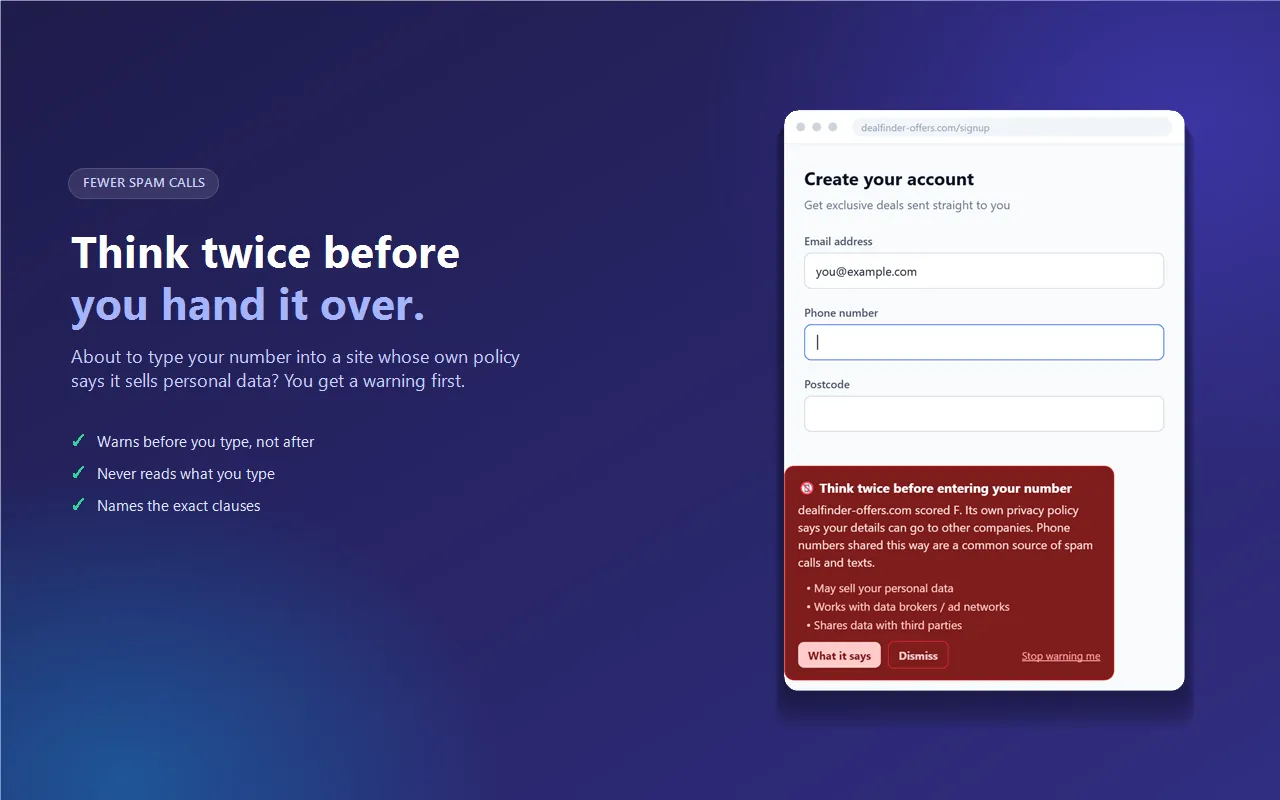 A warning before typing a phone number into a sign-up form on a site whose policy says it shares personal data